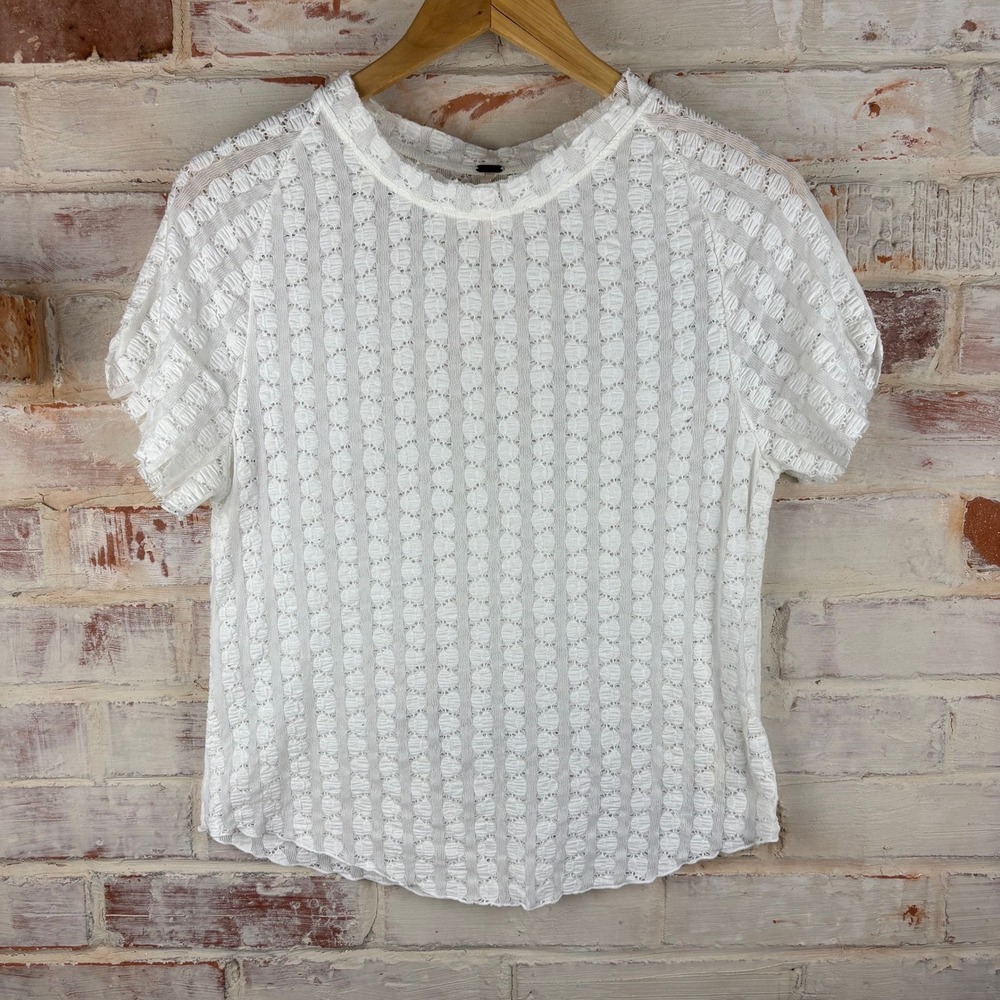 Free People Angelina Lace Tee Mixed Texture Short Sleeve Top White Ivory XL